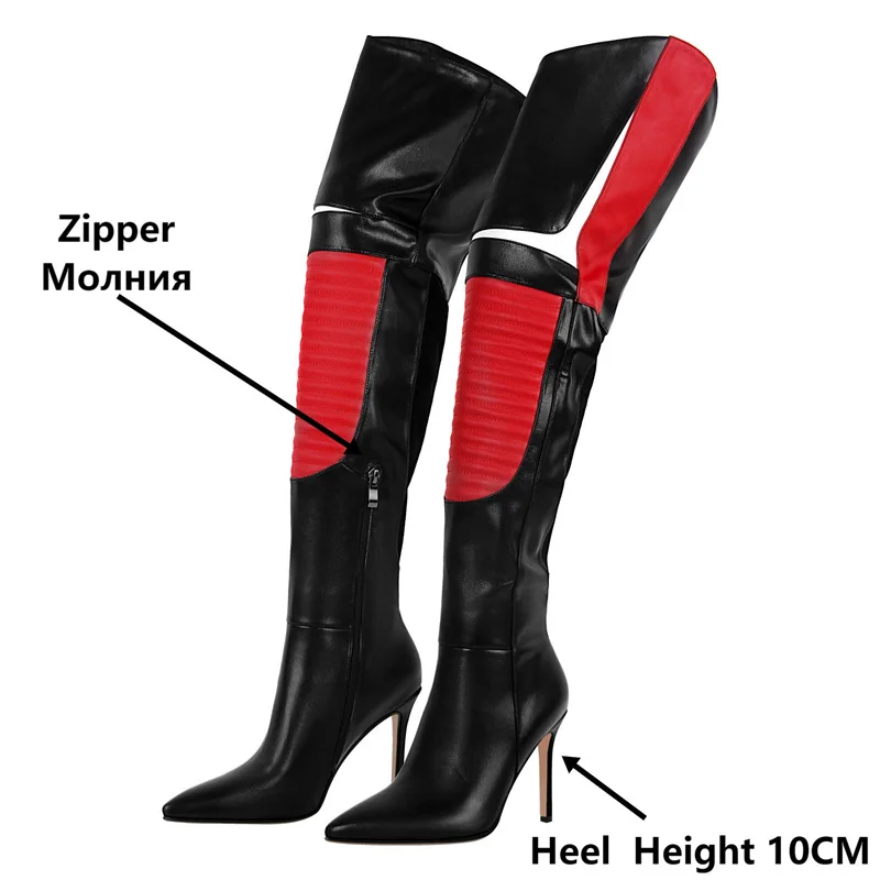 Onlymaker Women Pointed Toe Red Patchwork Over The Knee Sexy Thigh High Boots 10CM Thin Heel Side Zipper Winnter Boots