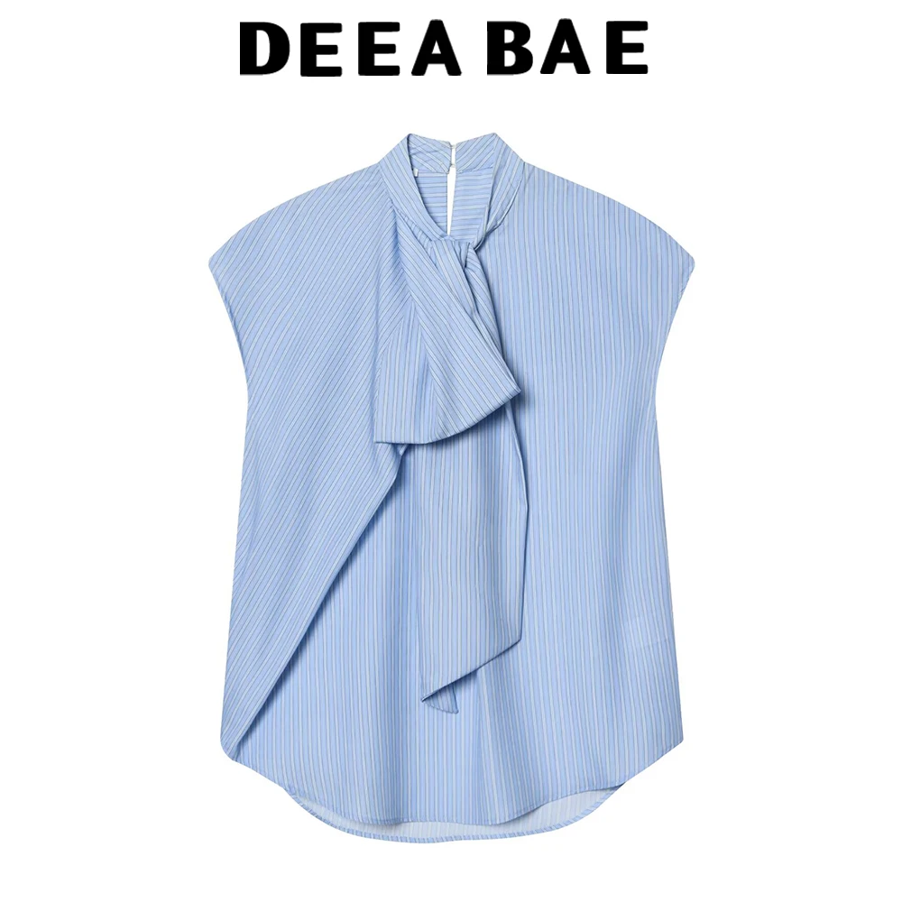 

DEEABAE 2026 Весна/Лето Новая полосатая рубашка без рукавов с круглым вырезом, регулируемым бантом и застежкой на пуговицах