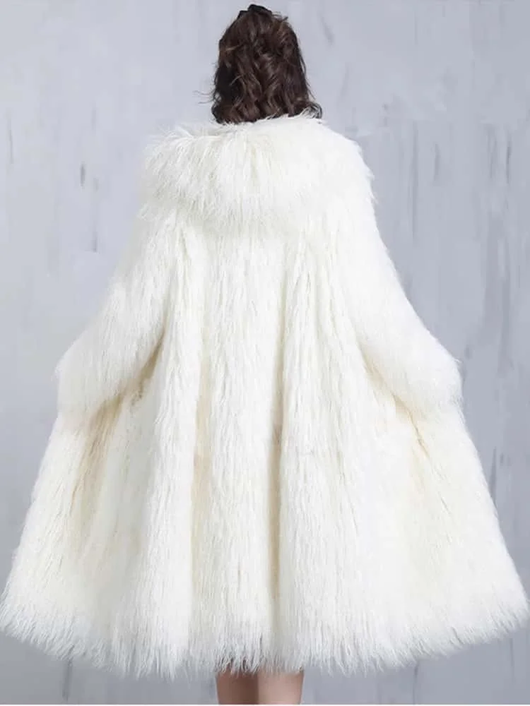 Nuevo Abrigo largo de lujo con capucha para mujer, abrigo holgado peludo de piel sintética de manga larga, abrigo grueso y esponjoso para invierno, gabardina informal
