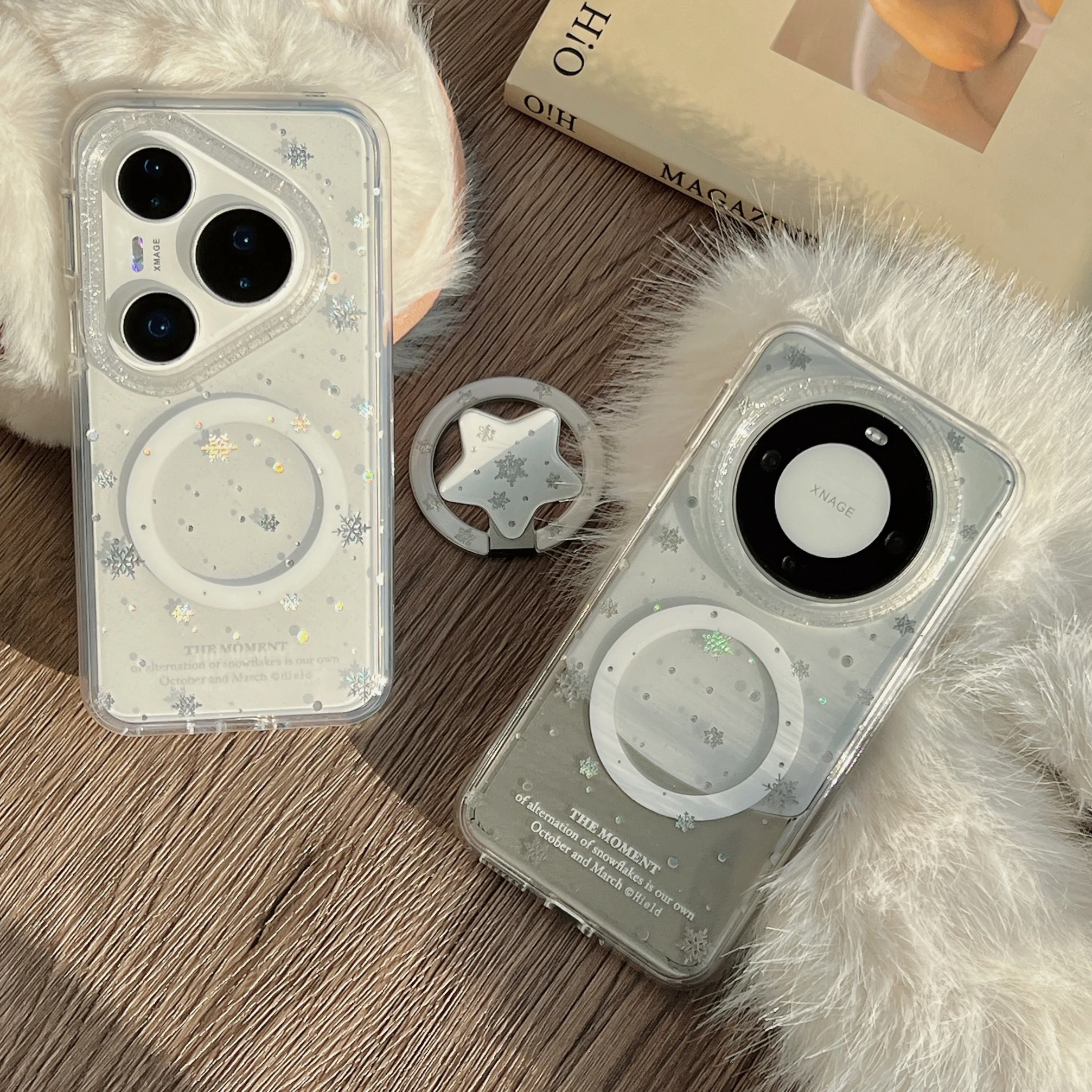 

Round-Edge Airbag Double-Sided IMD gilded snowflake magnetic stan Phone Case for Huawei Mate80 70 60 P80 70 Back Cover Gift