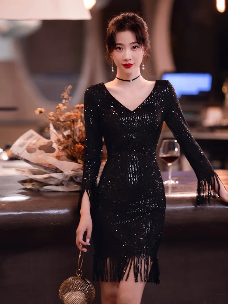 

Ele Bla Evening Gown Women's Faionable mat Sle Mid-Waist Long Sve ort Dr for Cany Year-End Par ...