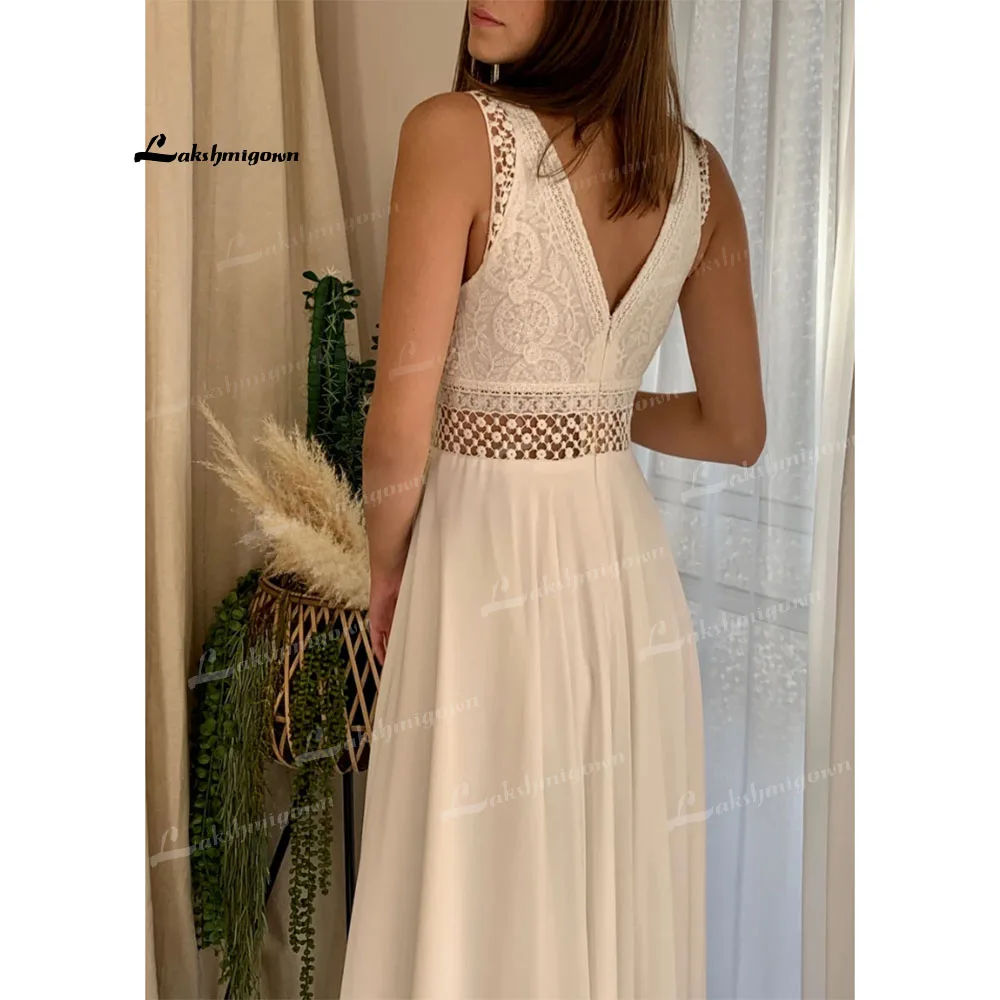 Lindo vestido de casamento chiffon saia sem mangas rendas vestidos de casamento longo a linha hochzeitskleid