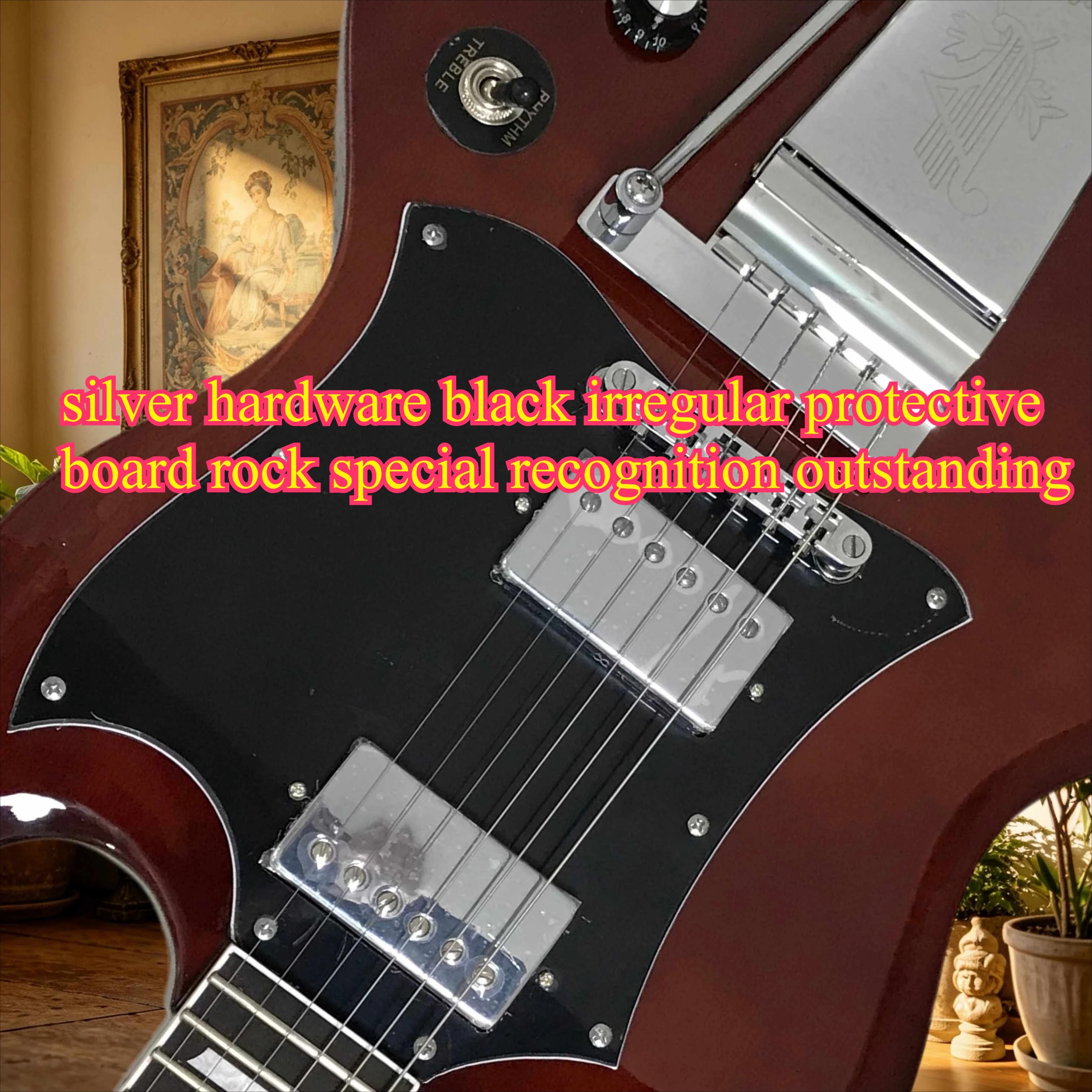 Guitare électrique SGT rouge, corps en bois massif, accastillage argenté, plaque de protection noire irrégulière, reconnaissance exceptionnelle pour le rock