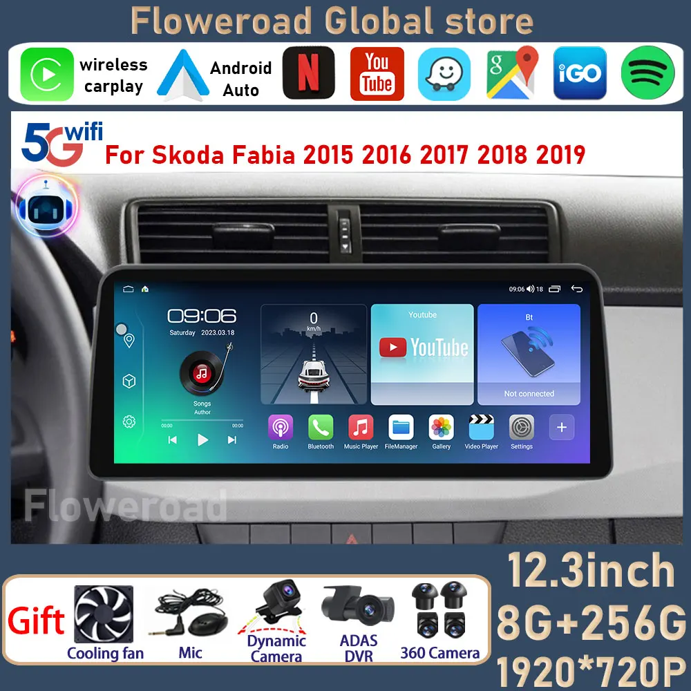 12.3'' QLED Android Auto For Skoda Fabia 2015 2016 2017 2018 2019 Car Radio Multimedia Player Autoradio GPS Navigation WIFI RDS