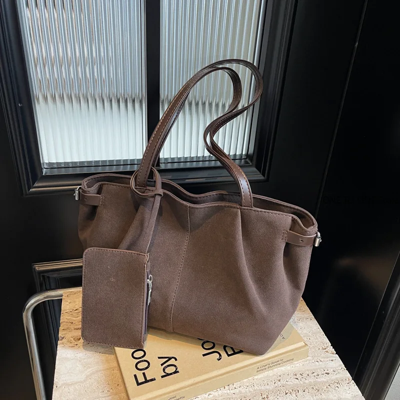 

Suede Shoulder Bags for Women Large Suede Totes Lightweight Underarm Bag Casual Shopper Handbag Solid Color Travel Bucket Bags