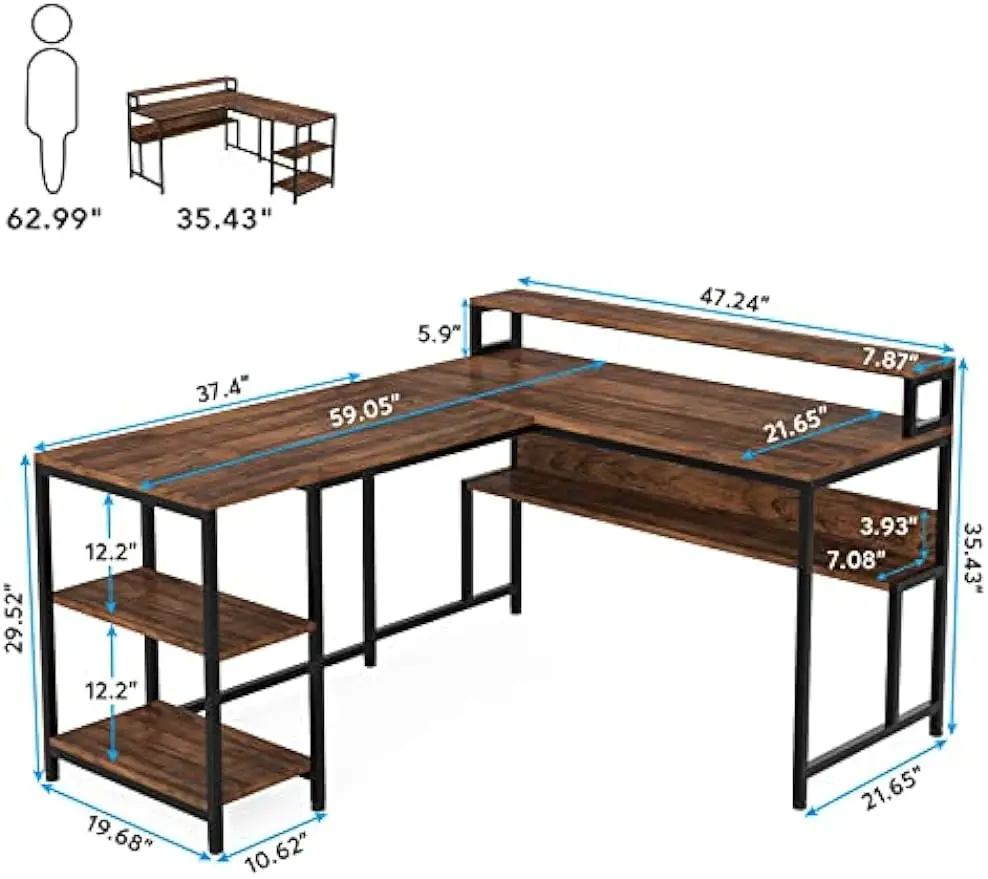 Mesa Em Forma De L Com Suporte De Monitor, reversível Canto Mesa Do Computador, Prateleiras De Armazenamento, Estudo Mesa De Escrita, Workstation, 59 pol