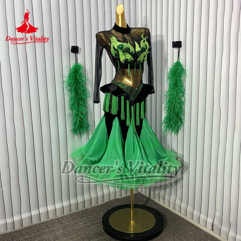Standard Ballsaal Mode Design Luxuriöse Grüne AB Stein Perle Seide Kleider Frauen Walzer Führen Kleiden Benutzerdefinierte Tänzerin Vitalität