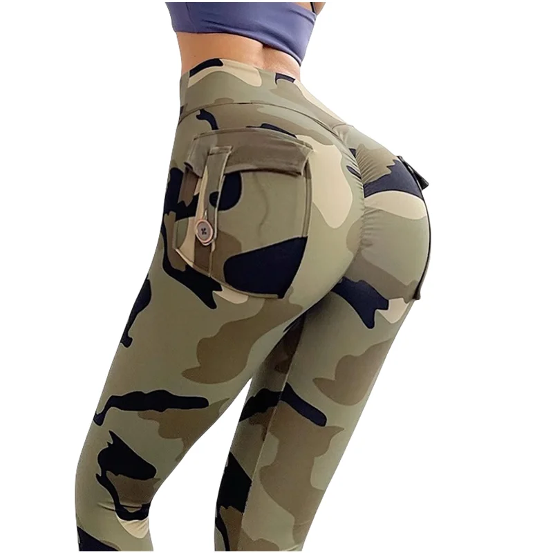 Camouflage Cargo Pocket Yoga Pants Female Summer High Waist Tight Running Booty Lifting Fitness Push Up Gym Wear Legging