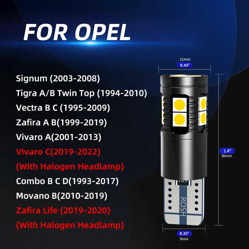 2×T10 W5W LED Clearance Parking Light Bulbs No Error For Opel Signum Tigra Twin Top Vectra Zafira Life Vivaro Combo B C D Movano