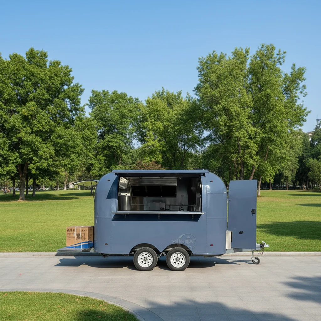 

Blue Dual Tandem Axle Stainless Steel Hotdog Kitchen Rust Resistant Insulated Compartments Food Trailer for Street Vending