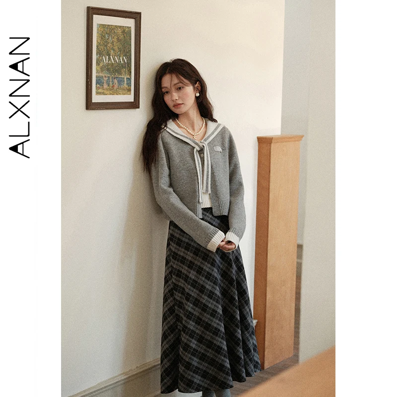 

ALXNAN серый шаль, шерстяной свитер с длинными рукавами, осенний новый повседневный искусственный пуловер из двух предметов, осень 2025, свободные женские топы, L57550