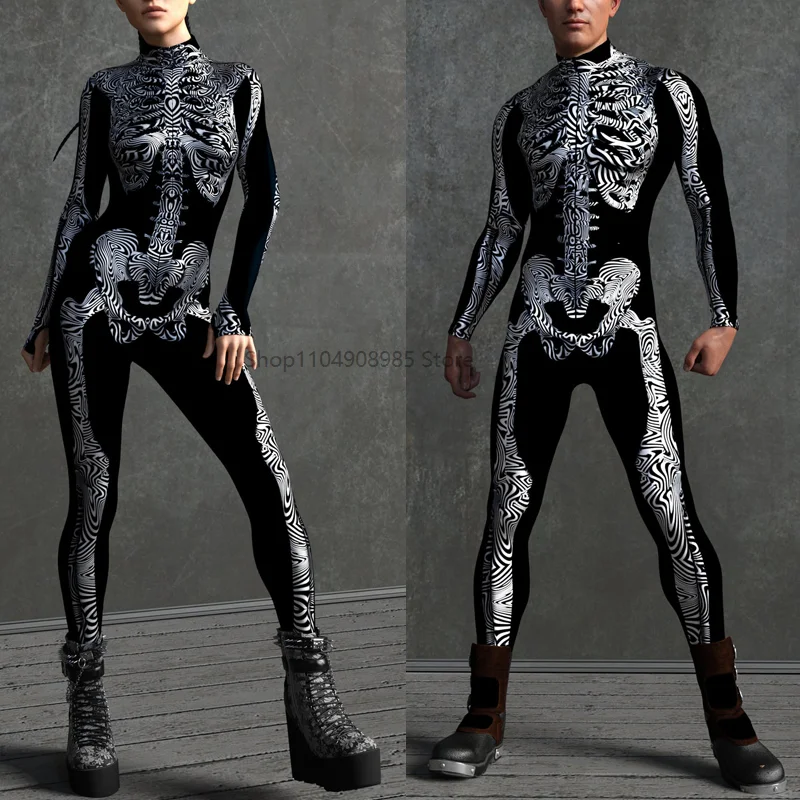 

BnW Psych Skeleton Costume Skull Print Jumpsuit Halloween Horror Party Zentai Suit Festival Bodysuit Rave Outfit Unique Clothing