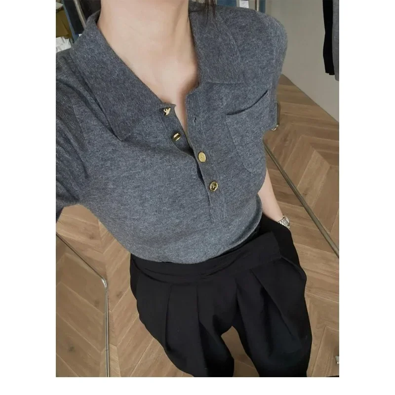 

Sleeve Knitted Women's Summer Temperament Versatile Ice Silk T-Shirt Top French Style Commuter Polo Collar Solid Color Short