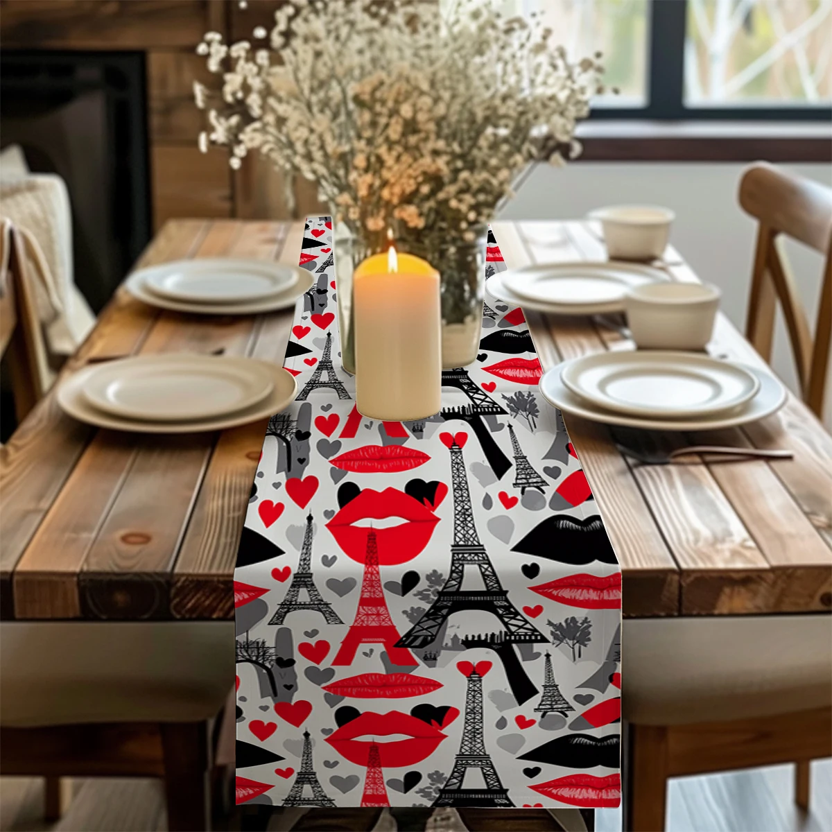 

Paris Tower Lips Love Red Black Table Runner Polyester Table Runners for Dining Room Cottagecore Polyester Table
