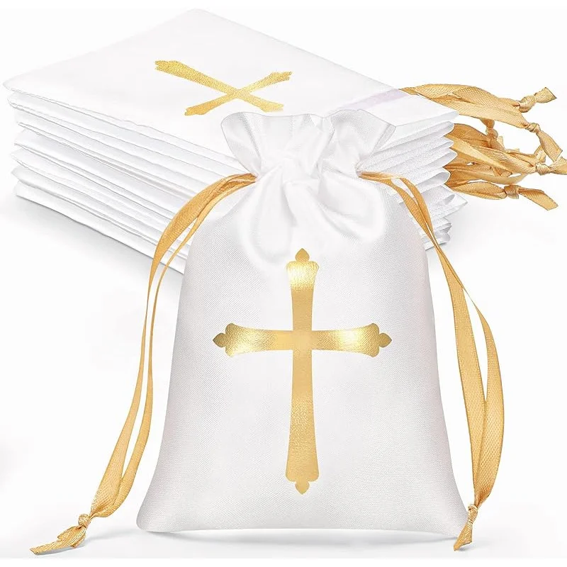 10 Pcs Baptism Satin Gift Bags with Drawstring 4 x 6 Inch Religious Gift Bags for Baptism First Communion Party Favor