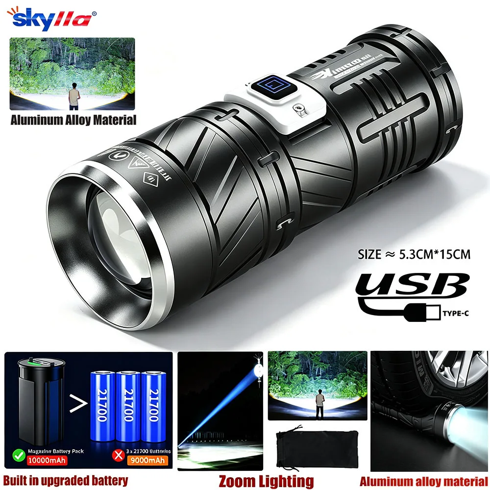 High Power LED Flashlight Rechargeable Long-Range Torch with Display COB Tail Light Lantern Built-in Battery Type-C Stronglight