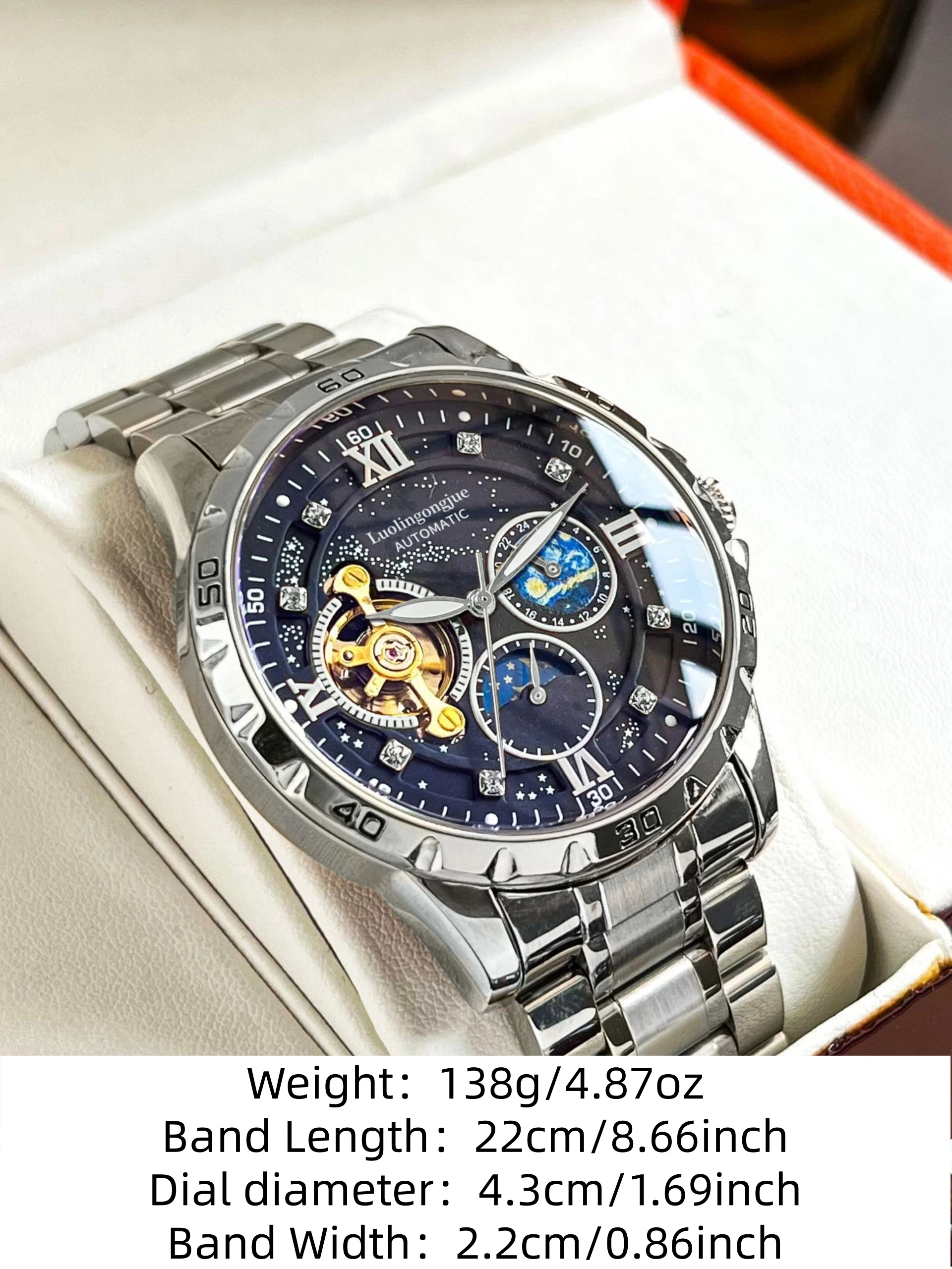 Mechanical Aesthetic Men's Automatic Watch - Skeleton Tourbillon Movement, Starry Sky Dial, Moon Phase Sub-Dial, Butterfly Clasp Stainless Steel Strap, Skeleton Design, Automatic Winding, Waterproof Premium Watch, Elegant Luxury Watch, Suitable for Birthday, Anniversary, Father's Day Gifts