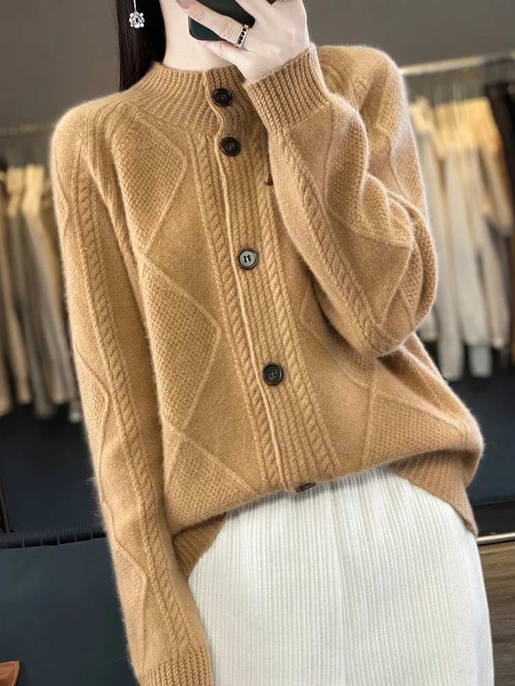 

Yoyoselect Autumn Winter Women 100% Merino Wool Soft Sweater Turn Down Collar Cashmere Cardigan High Quality Buttoned Knitwear