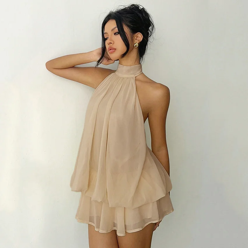 Linad أنيقة المشمش الشيفون فستان الرسن مثير عارية الذراعين الطبقات فساتين صغيرة الإناث الأصفر شير فستان الحفلات 2025 الخريف القوس #4