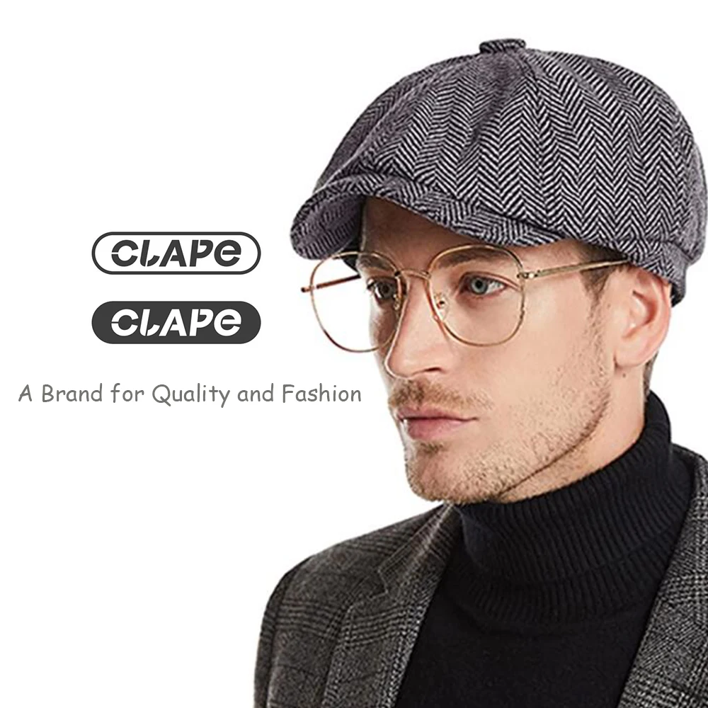 Clape Men\'s Newsboy Ivy Caps Herringbone Flat Caps Classic Gatsby Peaky Blinders Driving Hat 8 Piece Tweed Beret Cap Men Women