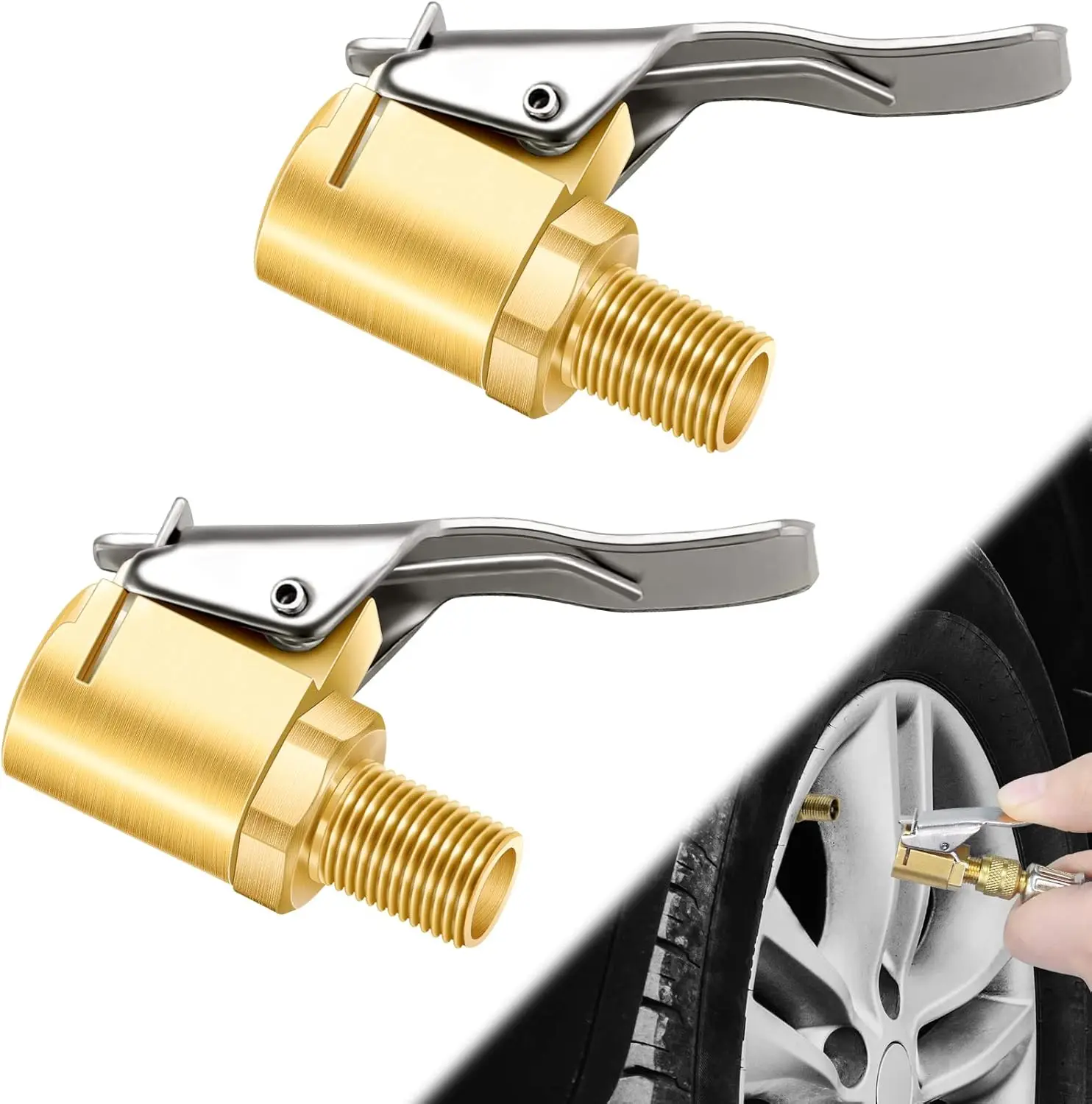

2-Piece Brass Locking Tire Air Chuck Adapter, Converts Twist-On to Lock-On for Leak-Free Inflation