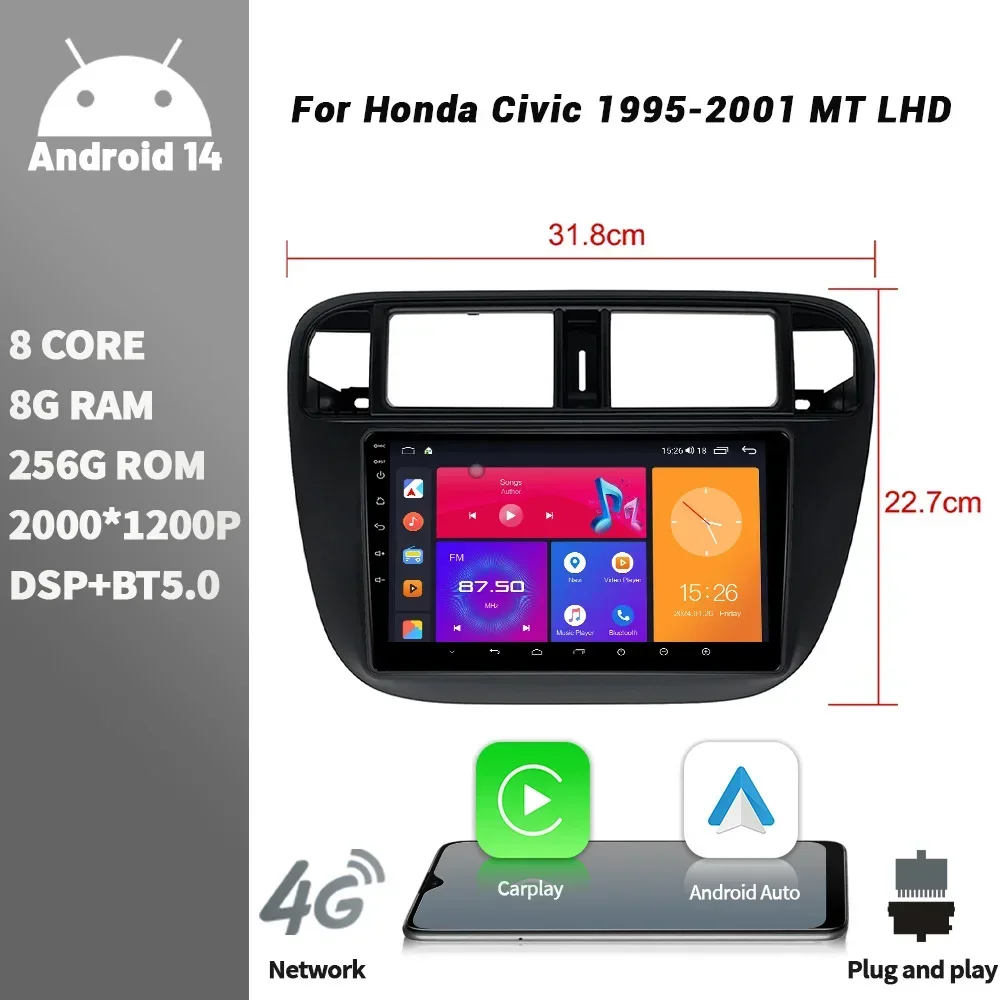 

For Honda Civic 1995-2001 MT LHD Car Radio Multimedia Player Navigation Wireless CarPlay Touch Screen Android Bluetooth