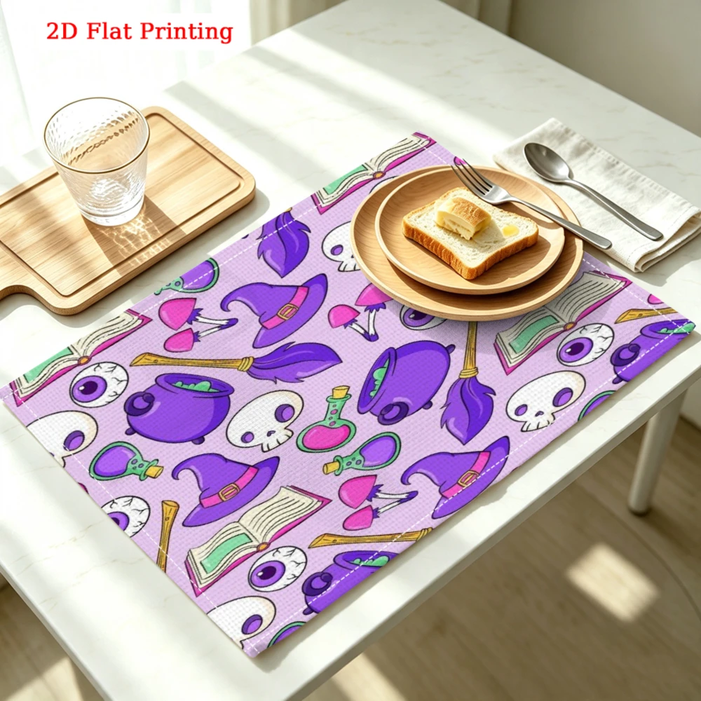 1pc Halloween Placemat Purple Witch Hat Skull Potion Book Table Mat Kitchen Dining Decor Protection 30x40cm
