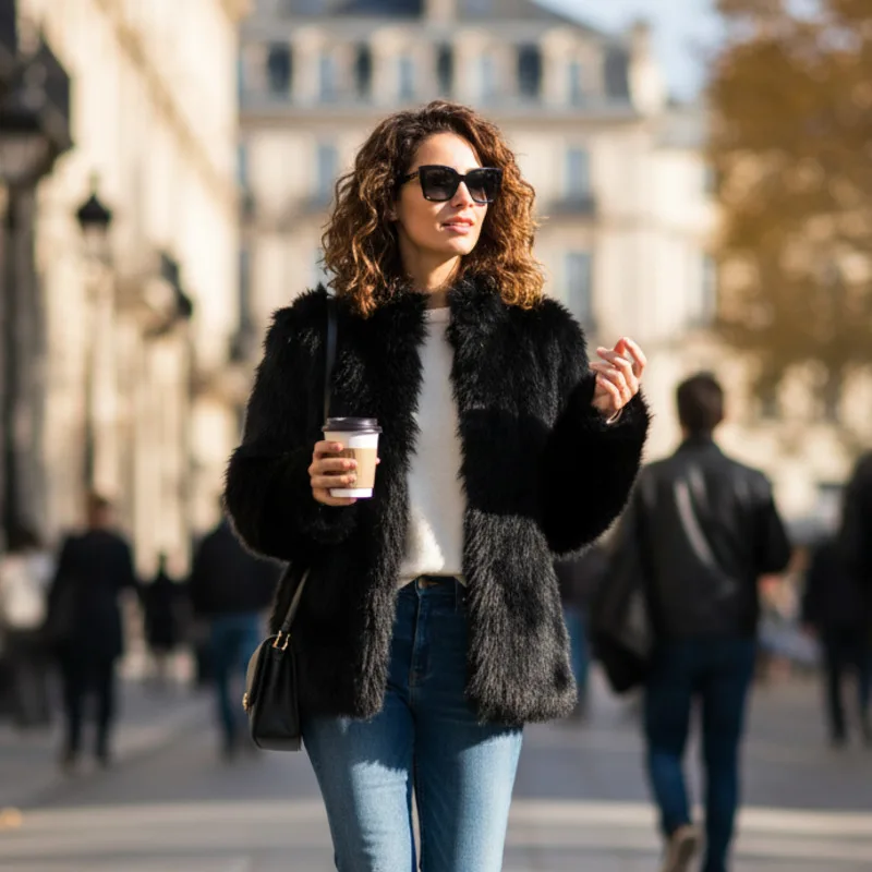 

Chic Women's High-neck Long Sleeve Faux Fur Jacket Cozy Fluffy Winter Outerwear Perfect For Casual Streetwear Elegant Daily Look