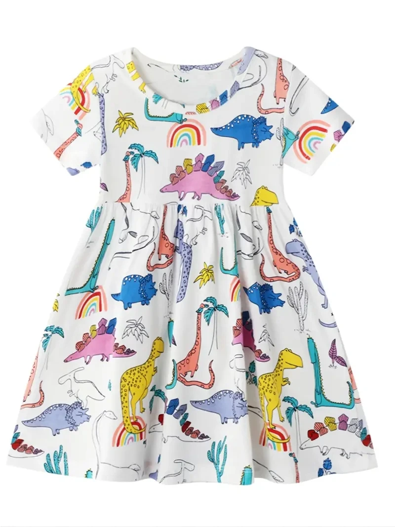 Girls Summer Short Sleeve Dress With Dinosaur Print Baby Kids Clothes