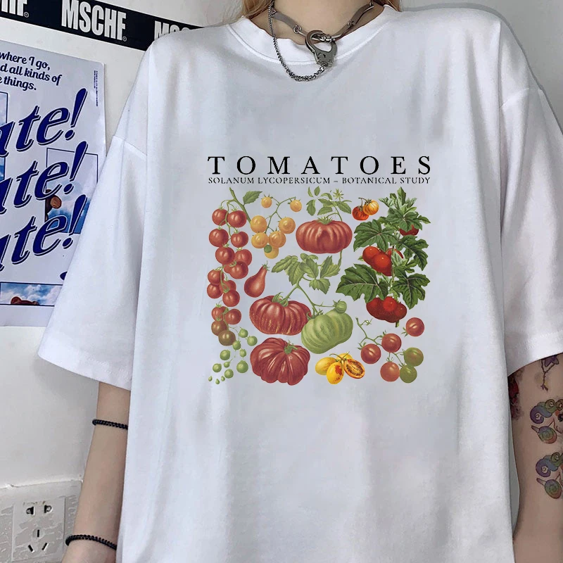 Camiseta con estampado de tomates para hombre y mujer, camisetas informales de manga corta estilo Hip Hop Harajuku, camisetas con estudio botánico de Solanum Lycopersiccm