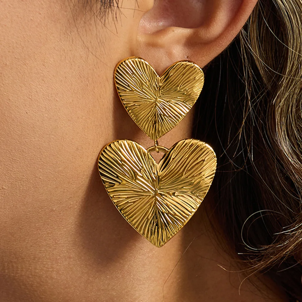 

YHTOT 2025 New Large Heart Earrings 18k Gold Color Plated Stainless Steel Double Heart Earrings Ladies Jewelry Party Gift