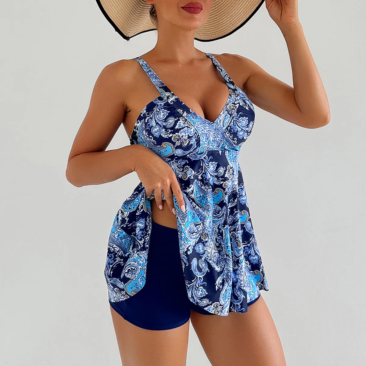2026 Printed Skirt Tankini Set Women Push Up Tummy Control Two Piece Swimsuit Swimwear Beach Vacation Summer Vintage Floral Sets