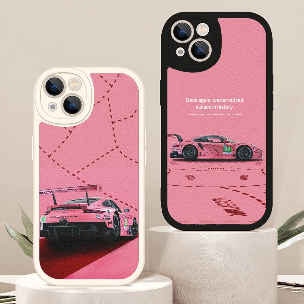 For Iphone 14 sports car 911 pink pig Phone Case for Iphone 13 12 11 14 Pro MAX MiNi 7 8 plus XS XR Lambskin Protective Covers