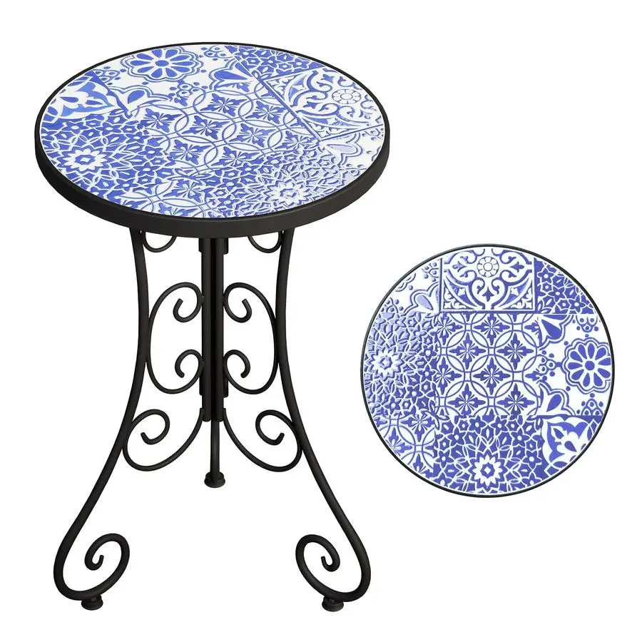 

Outdoor Side Table, Patio Side Table, Weather Resistant 14 Diameter 21 H Ceramic Tile Round Outside Table for Patio, Porch, Gard