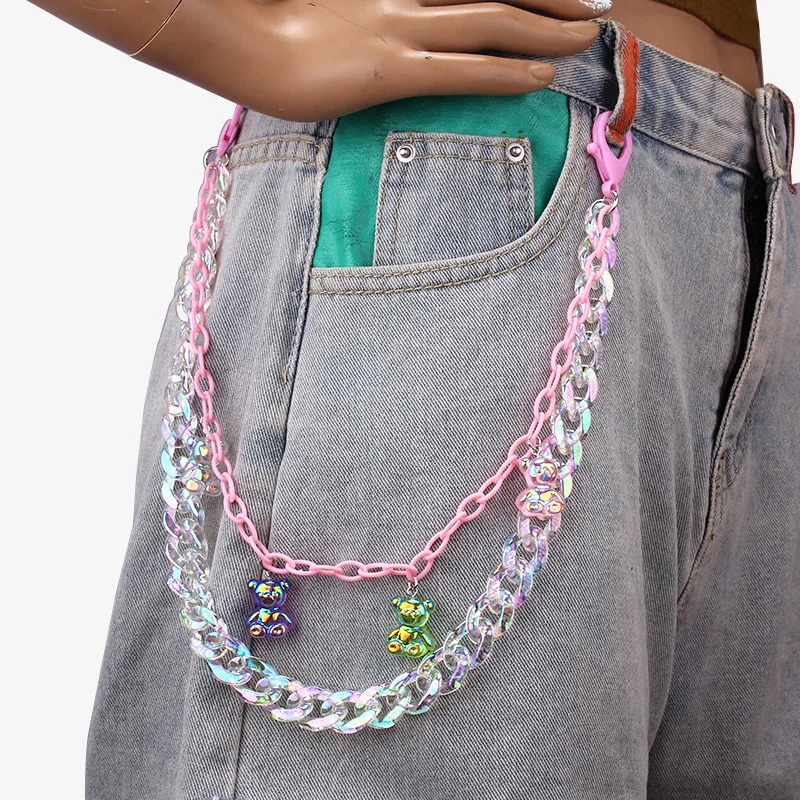 Y2K Colorful Pant Chain Women Girls Trendy Cute Bear Key Trouser Hipster Pant Jean Resin Keychain Ring Clip Tassel Art Accessory