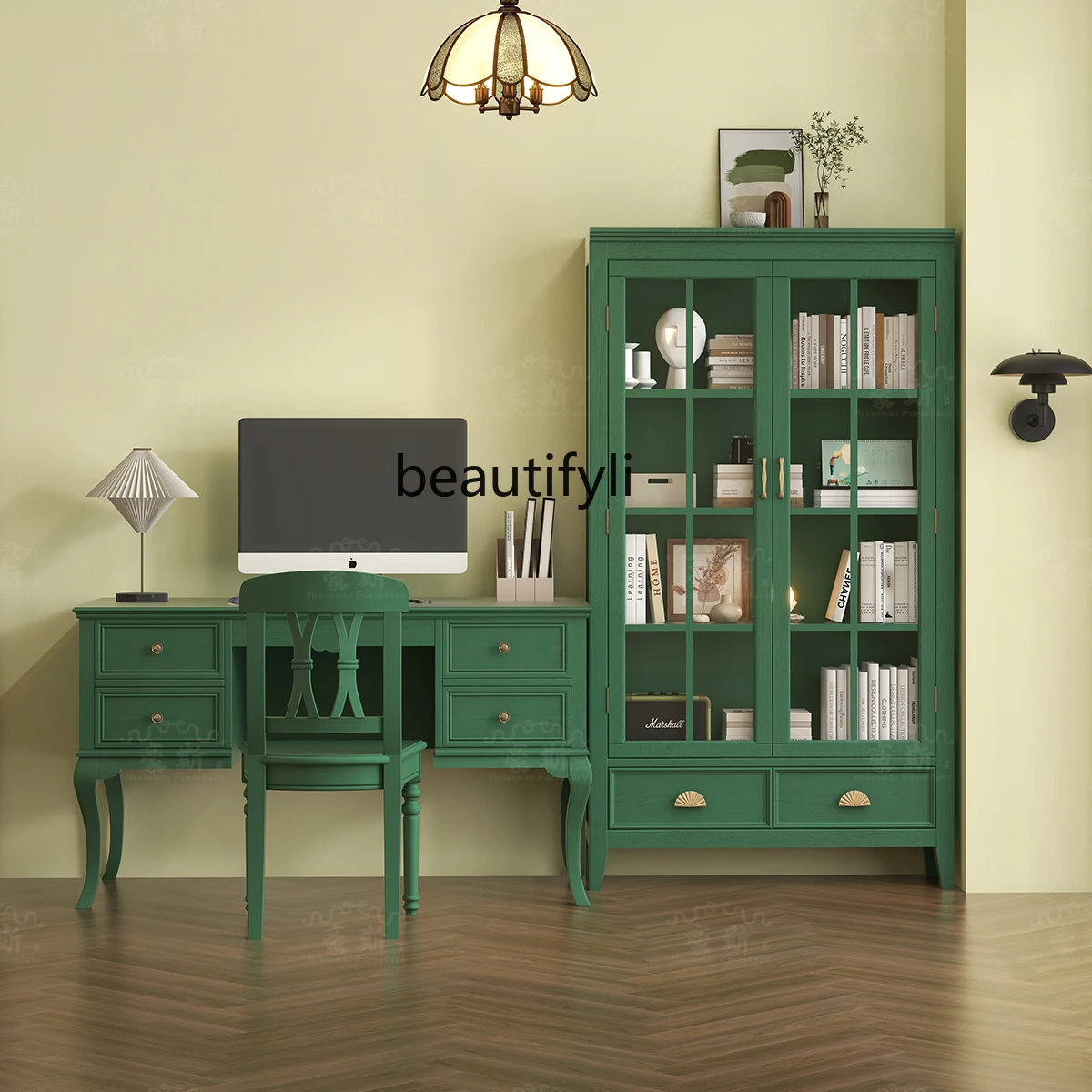 

American green desk and chair combination living room entrance, with drawers, writing, desk