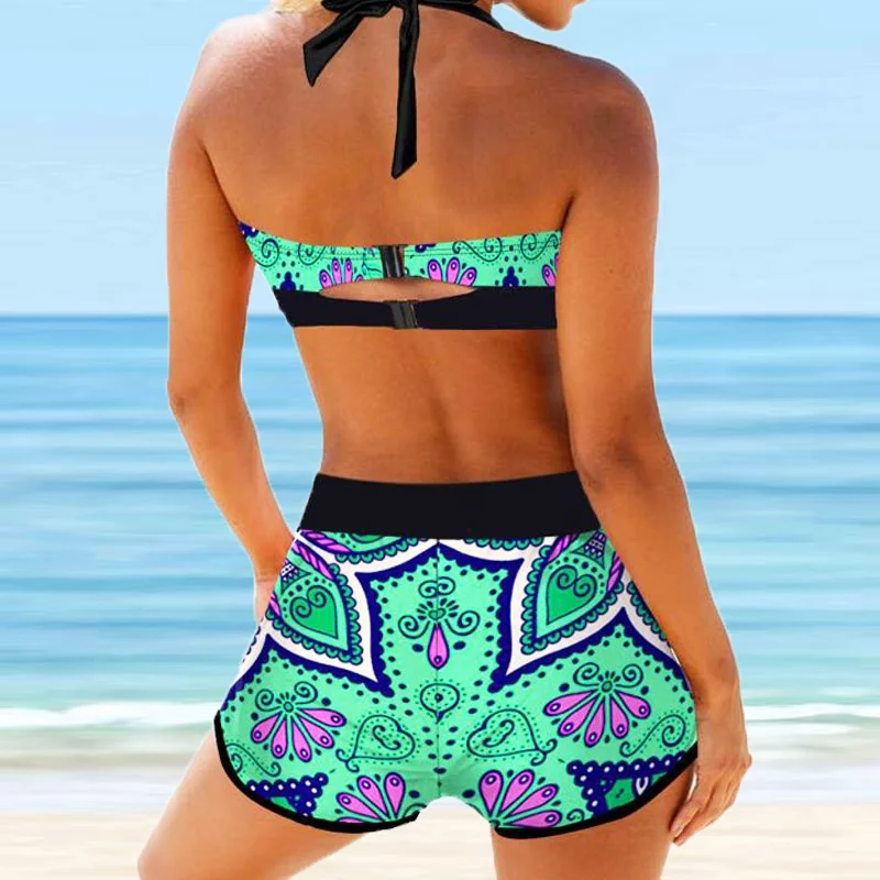 Women Sexy New Design Printing Swimsuit Loose Size Monokini Swimwear Bathing Suit Two Pieces Set Summer High Waist Beachwear