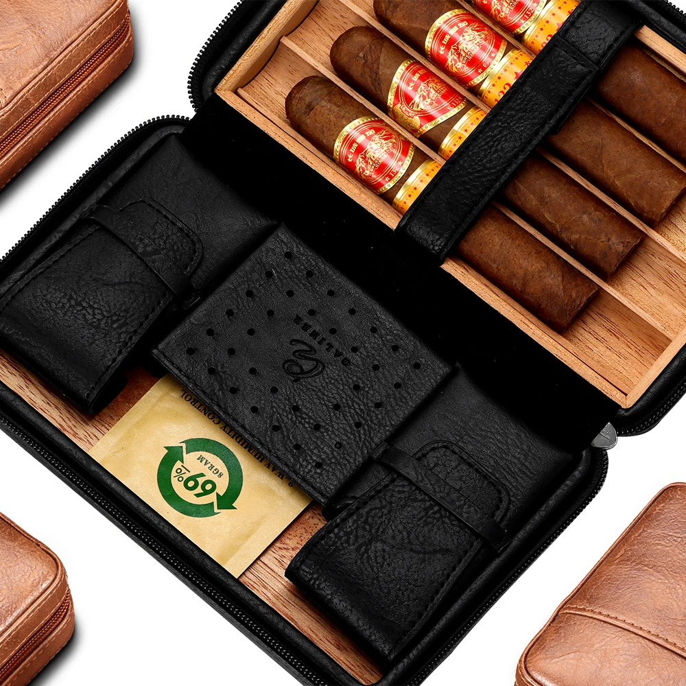 GALINER Humidor Cigar Case Leather 4 Tube Cedar Wood Lined Travel Cigar Humidor WIth 69% Humidity Control Bag