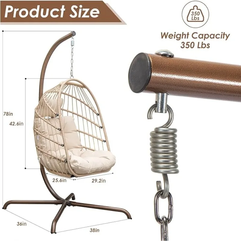 Hanging Egg Chair with Stand Outdoor Swinging Egg Chair with Water Resistant Cushions PE Rattan Wicker Chair Foldable Basket