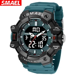 SMAEL Green Sport Digital Watch for Men Waterproof Dual Time Display Backlight Chronograph Quarz Wristwatch with Auto Date Week