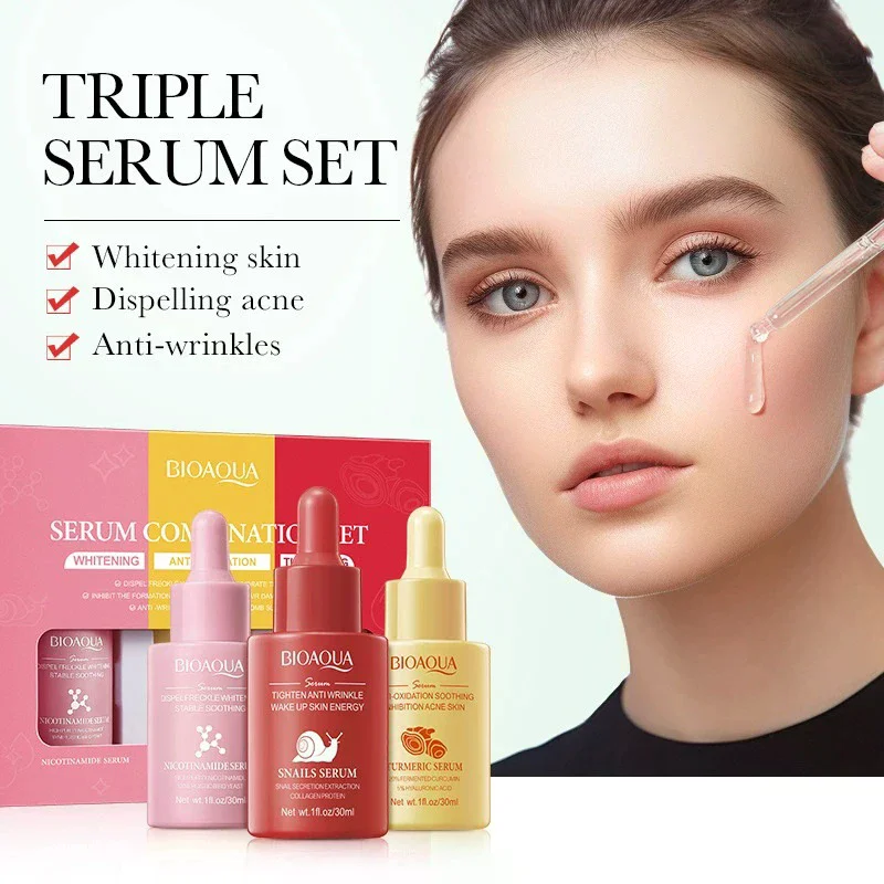 Kit 3 Peças BIOAQUA: Sérum Facial Hidratante com Vitamina C, Retinol e Ácido Hialurônico – Antirrugas e Clareador para Cuidados com a Pele