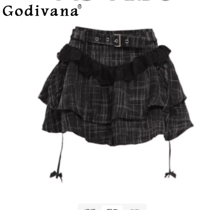 

Spring Autumn Sweet Cool Plaid Splicing Y2k Subculture Skirt Street Girl Versatile Age Reduction Fashion Lace Cake Short Skirts