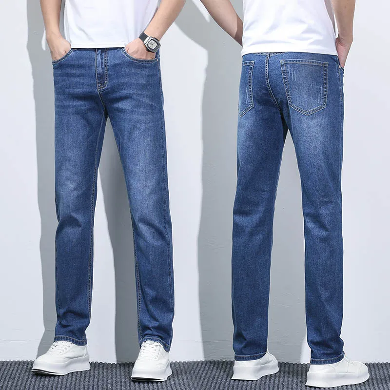 Business Men Straight Leg Classic Jeans Casual Denim Long Pants Slim Fit Simple Man Trousers Fashion Men\'s Stretch Jeans