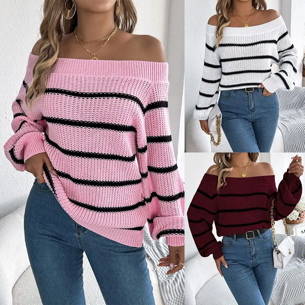 

Casual Stripe oulder Bared Lantern Sve Sweater Independent Station Cross Border Women's Faion Overhead Knitwear