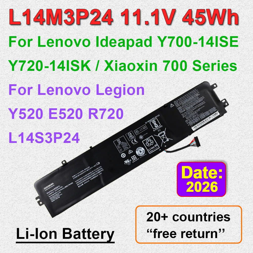 Batería de ordenador portátil L14M3P24 L14S3P24 para Lenovo IdeaPad Xiaoxin 700 Y700 Y720 14ISK Legion Y520 E520 R720 Series 11,1 V 45Wh 4050mAh