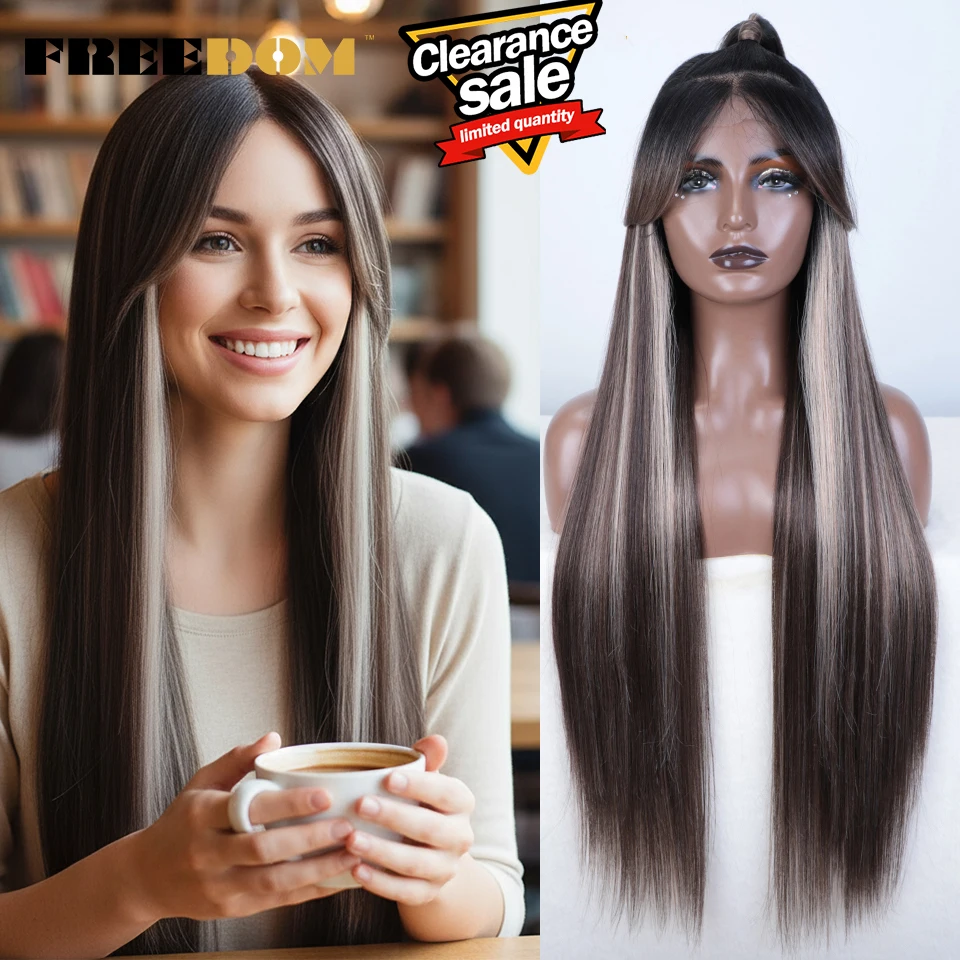 

FREEDOM 13x4 Synthetic Lace Front Wigs For Women 36 inches Long Straight Updo Wig Ombre Brown Red Wig With Bangs Cosplay Wigs