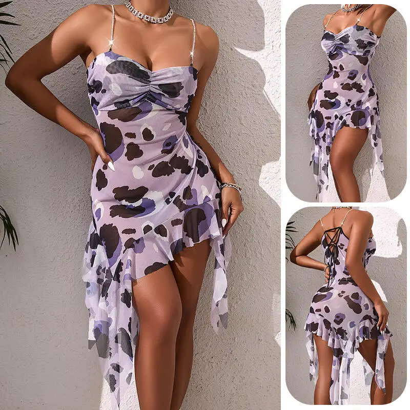 Sexy Women Sleepwear Nightgown Irregular Mesh Satin Sleep Dress Leopard Sleeveless Straps Home Wear Elegant Novelty Nightie