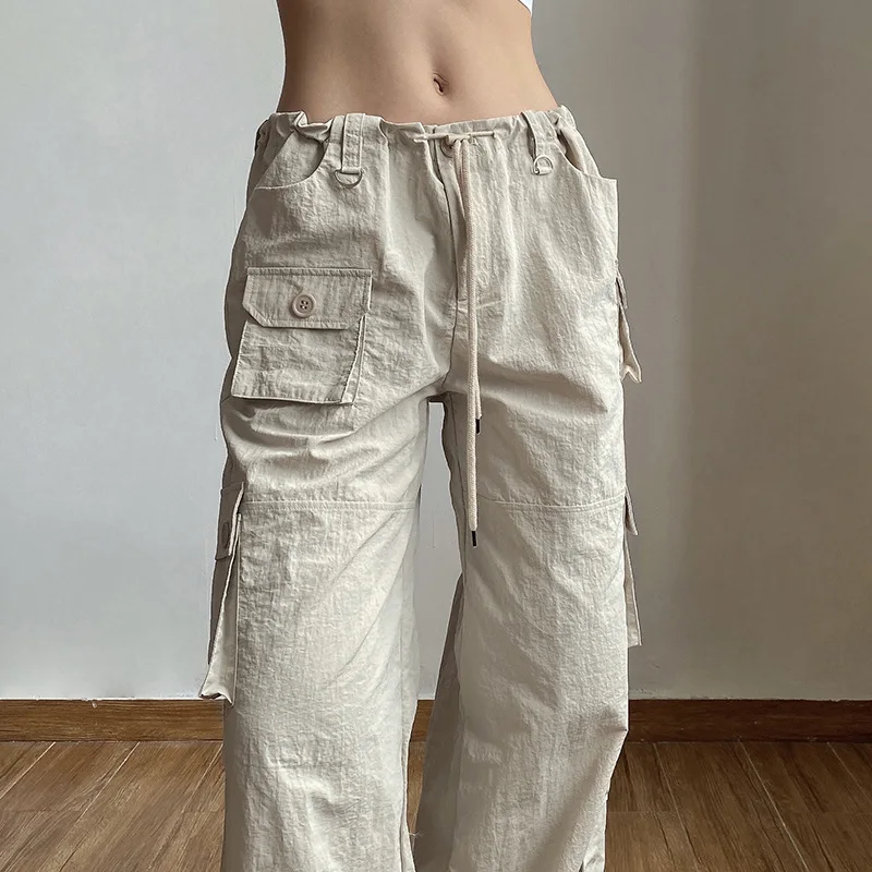 Pantalones rectos de retazos con bolsillos para mujer, pantalones Cargo informales holgados de tiro bajo, color caqui claro, monos para correr Harajuku de los años 2000