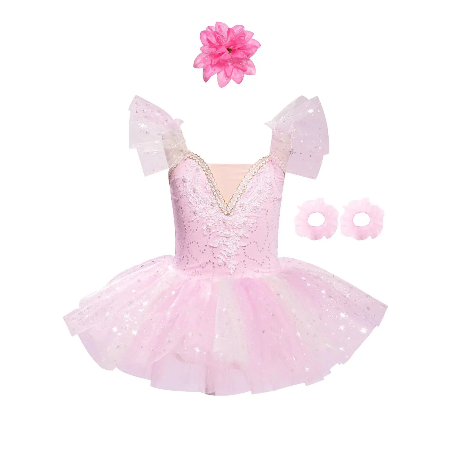 

Kids Girl Tutu Skirts Leotard Sequined Ballet Dance Tutu Dress Rainbow Color Children Wedding Princess Dress Hair Clip Cuffs Set