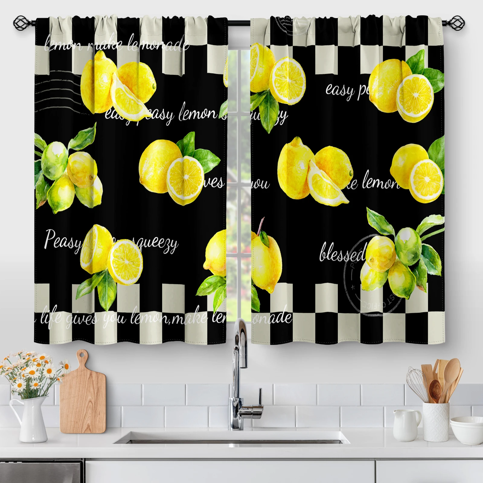 

2 Panels Rustic Lemon Fruit Kitchen Curtains, Vintage Black White Buffalo Plaid Short Curtains Words Stamp Farmhouse Decor